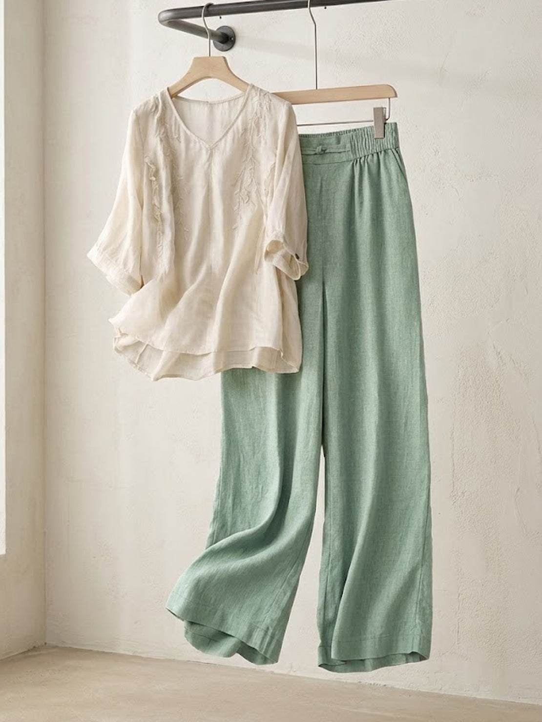 Women's 100% cotton linen blend Golden Hour Set with embroidered V-neck top and high-waisted wide-leg trousers