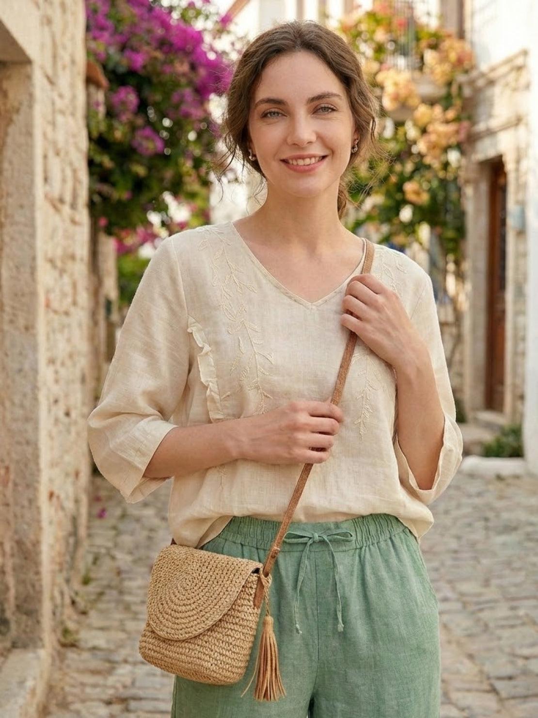 100% cotton linen blend golden hour set with embroidered V-neck top and high-waisted wide-leg trousers