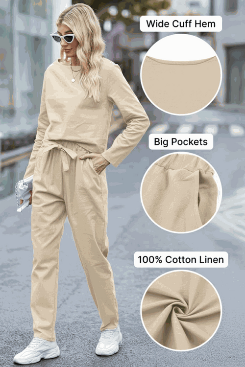 Modern elegant woman wearing beige 100% cotton linen monochrome 2-piece set with wide cuff hem and big pockets.