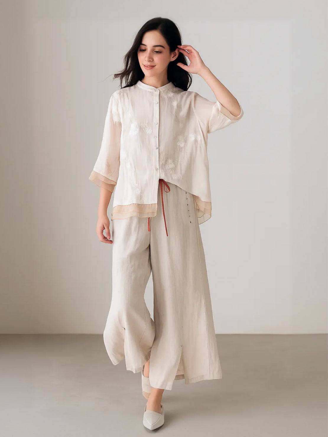 100% Cotton Linen Tuscany Rise 2-piece outfit with embroidered sheer top and wide-leg linen trousers in natural breathable fabric