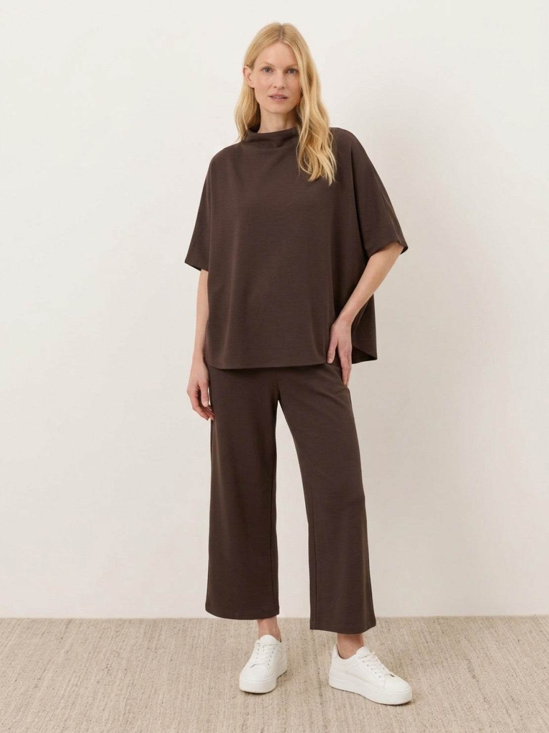 Cotton-blend capelet lounge set with mock neck top and wide-leg pants in soft fabric