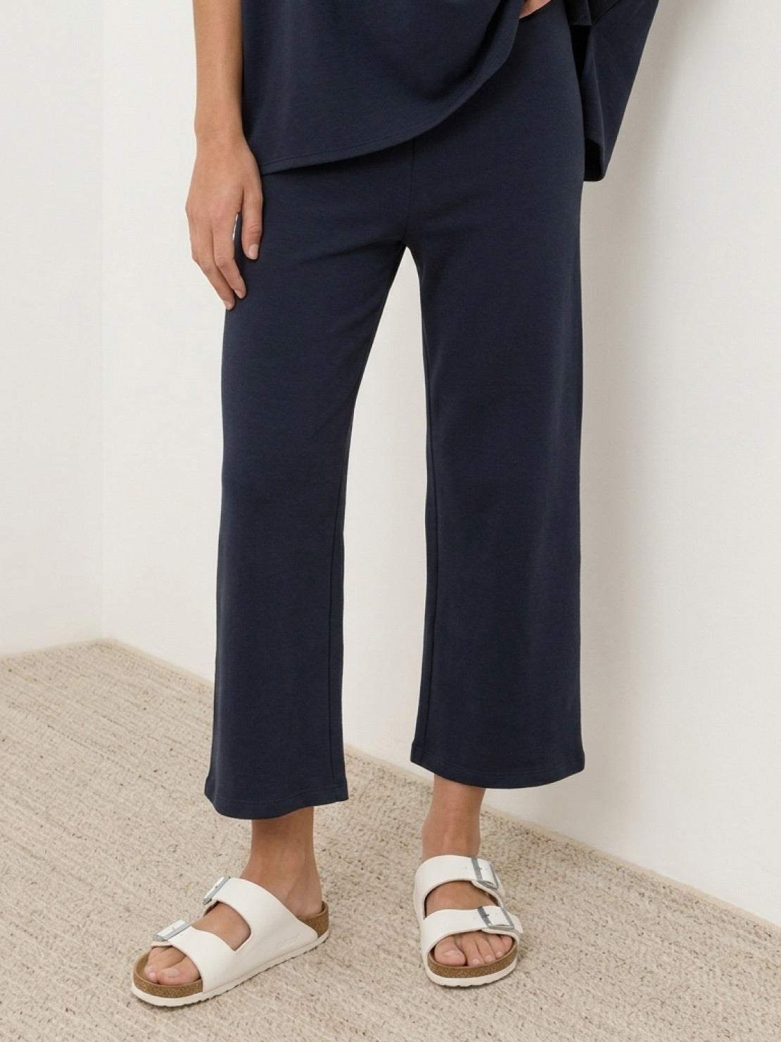 Cotton-blend capelet lounge set with mock neck top and wide-leg pants in smooth fabric
