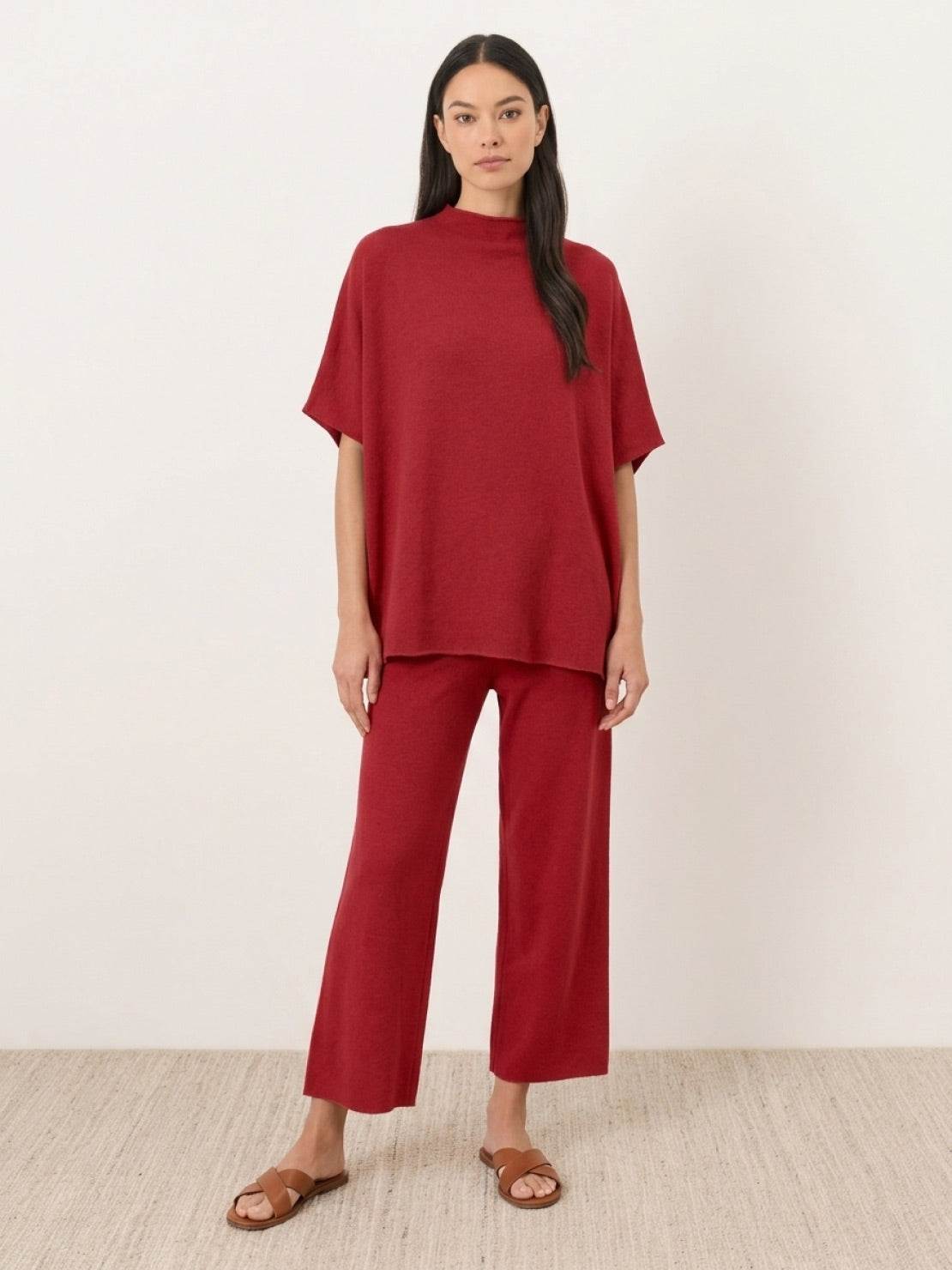 Cotton-blend capelet lounge set with mock neck top and wide-leg pants in smooth fabric