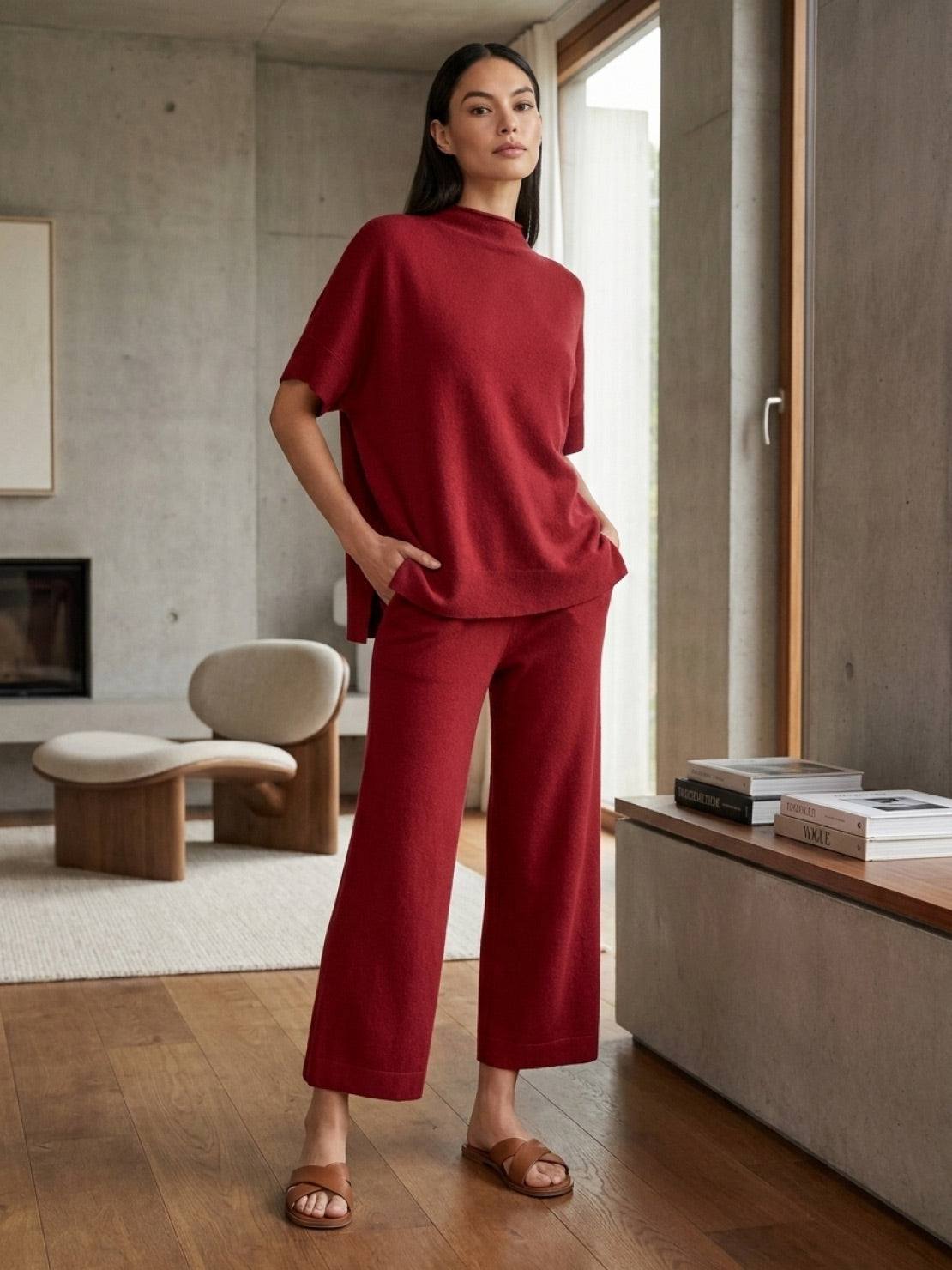 Cotton-blend capelet lounge set with mock neck top and wide-leg pants in multiple colors