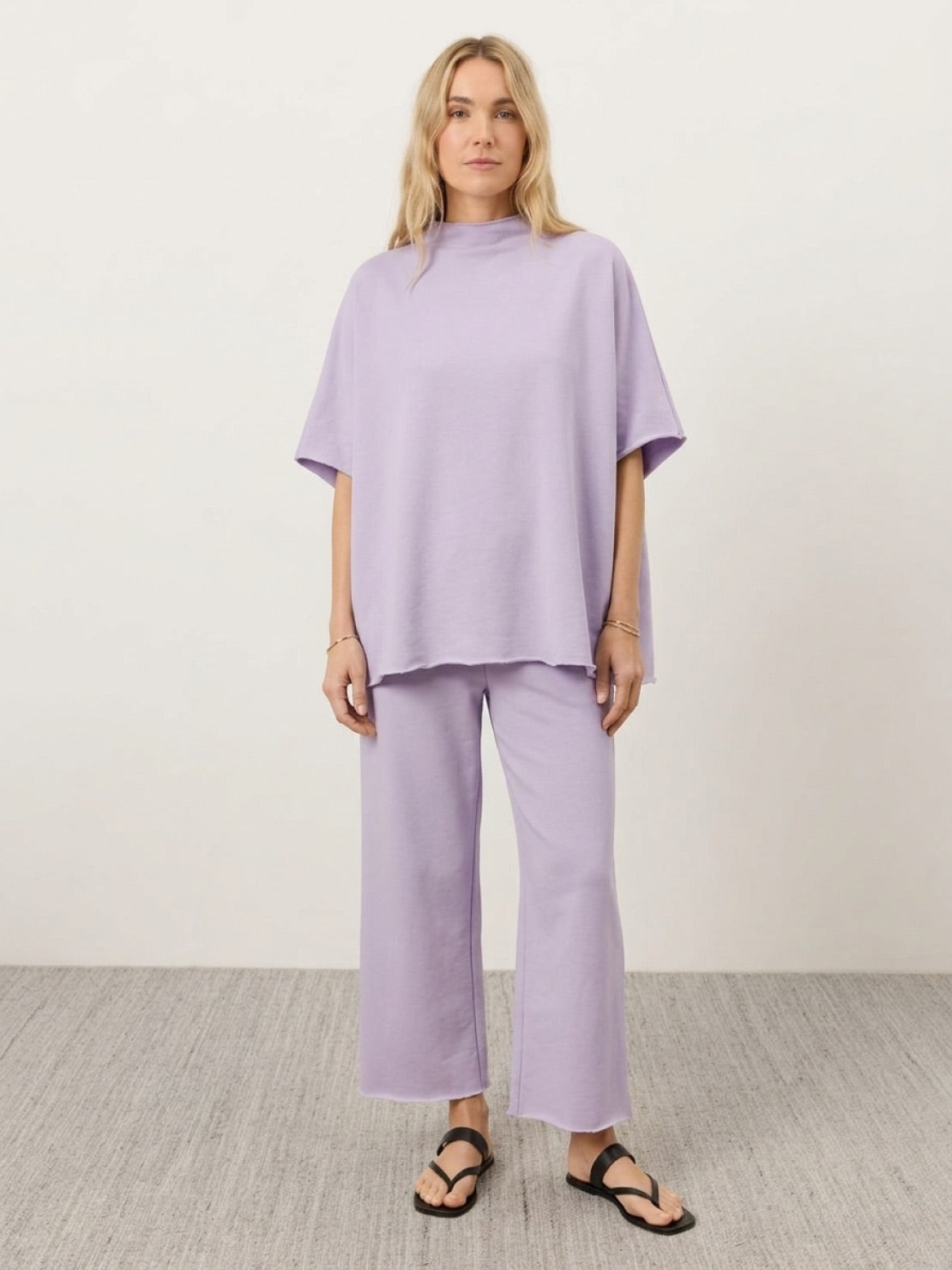 Cotton-blend capelet lounge set with mock neck cape-style top and wide-leg pants in relaxed fit