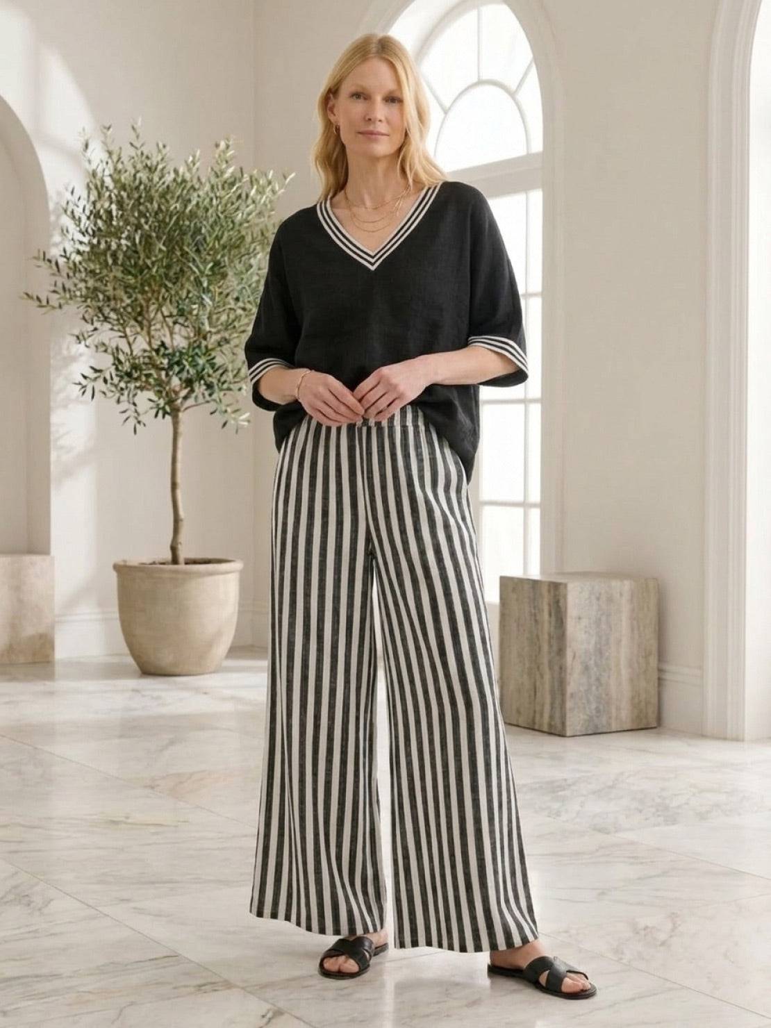 Striped wide-leg co-ord set with oversized top and palazzo pants featuring contrast stripe trim and elastic waist