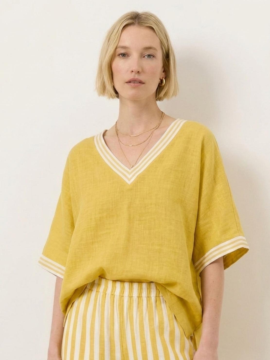 Woman wearing a striped wide-leg co-ord set with oversized top and palazzo pants with contrast stripe trim and elastic waist