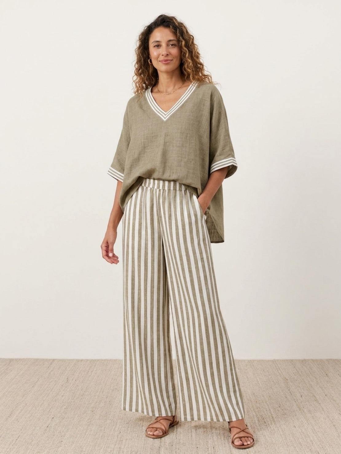 Black striped wide-leg co-ord set with oversized top and palazzo pants with elastic waist and side pockets