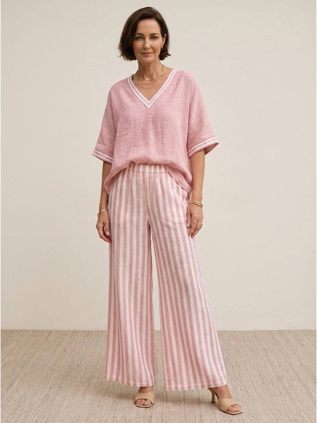 Striped wide-leg co-ord set with oversized top and palazzo pants featuring contrast stripe trim and elastic waistband