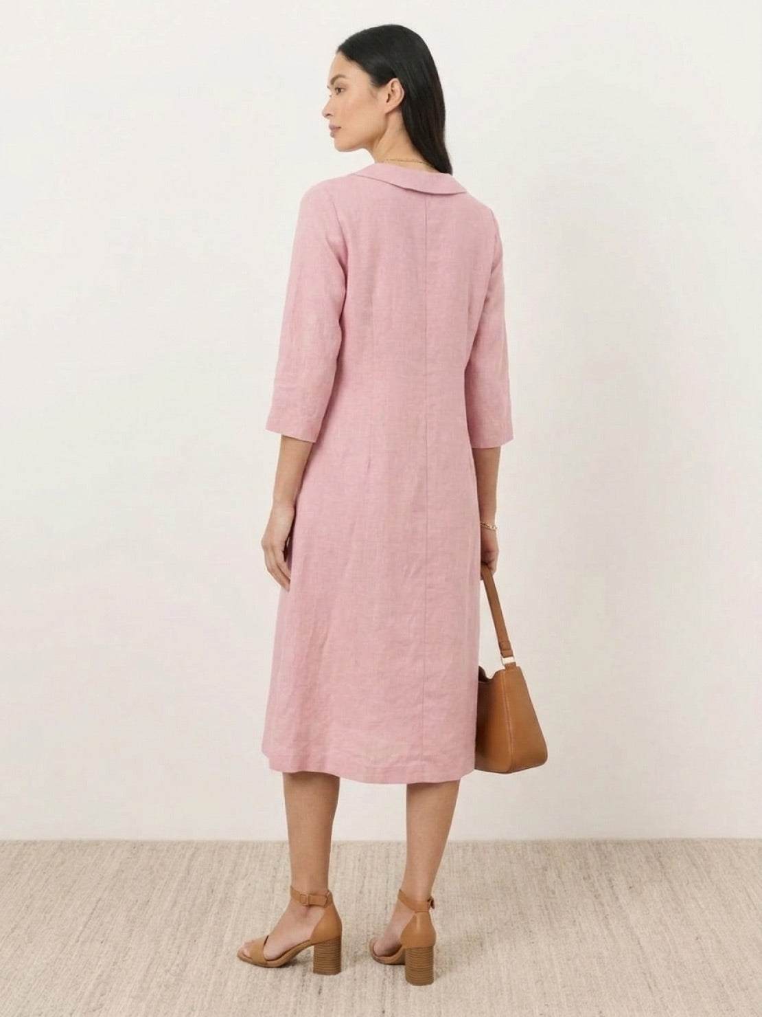 linen-look midi dress with relaxed A-line silhouette, blazer neckline, and side pockets