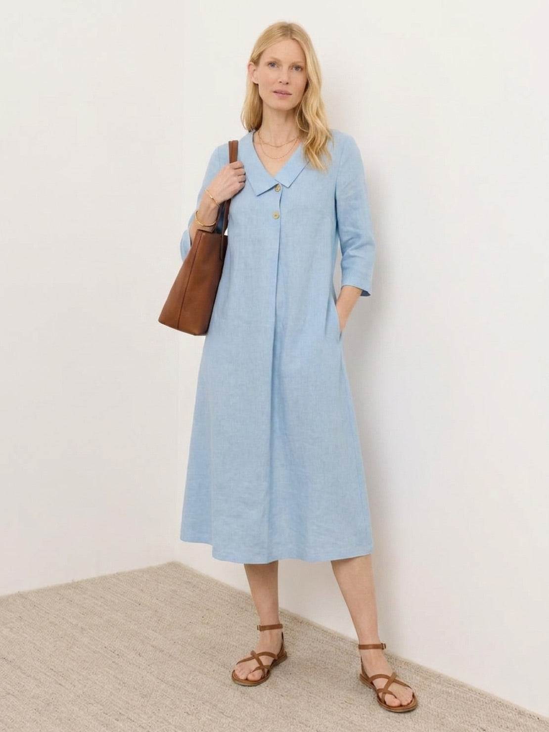 linen-look midi dress with relaxed A-line silhouette and side pockets in navy blue