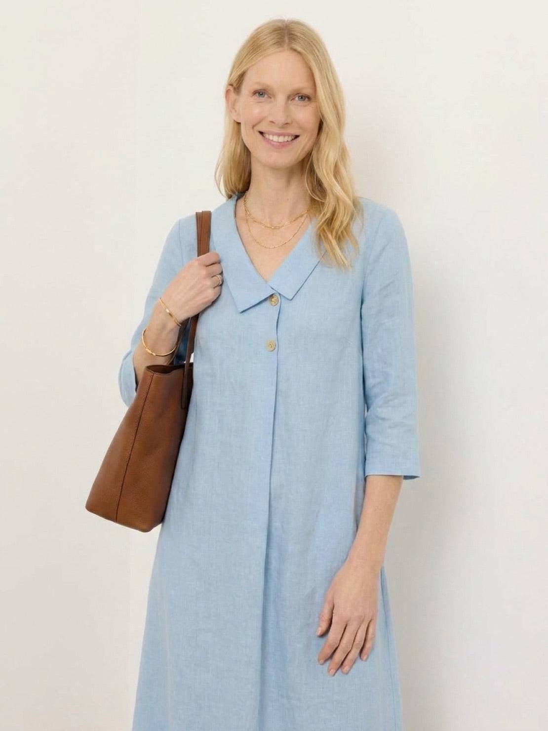 linen-look midi dress with relaxed fit and side pockets in navy blue