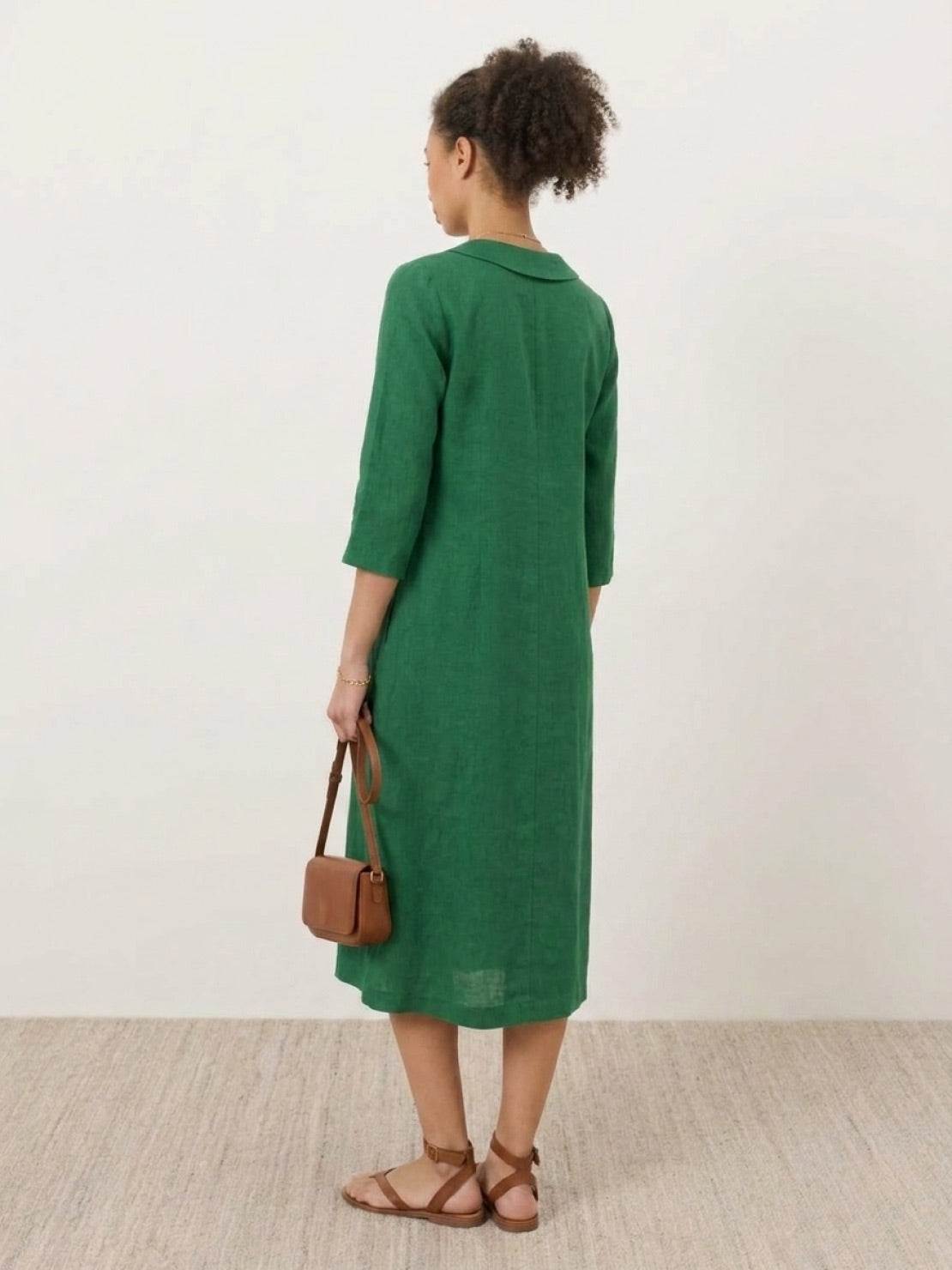 linen-look midi dress with relaxed A-line silhouette and side pockets in navy color