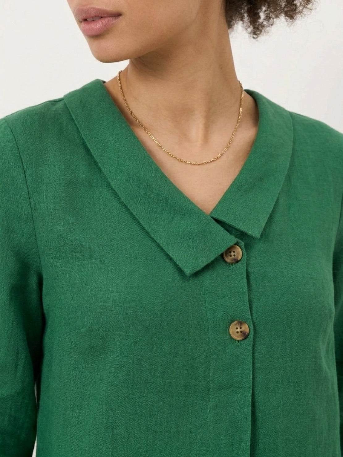 Navy linen-look midi dress with relaxed A-line silhouette, V-neckline, button detail, 3/4 sleeves, and side pockets