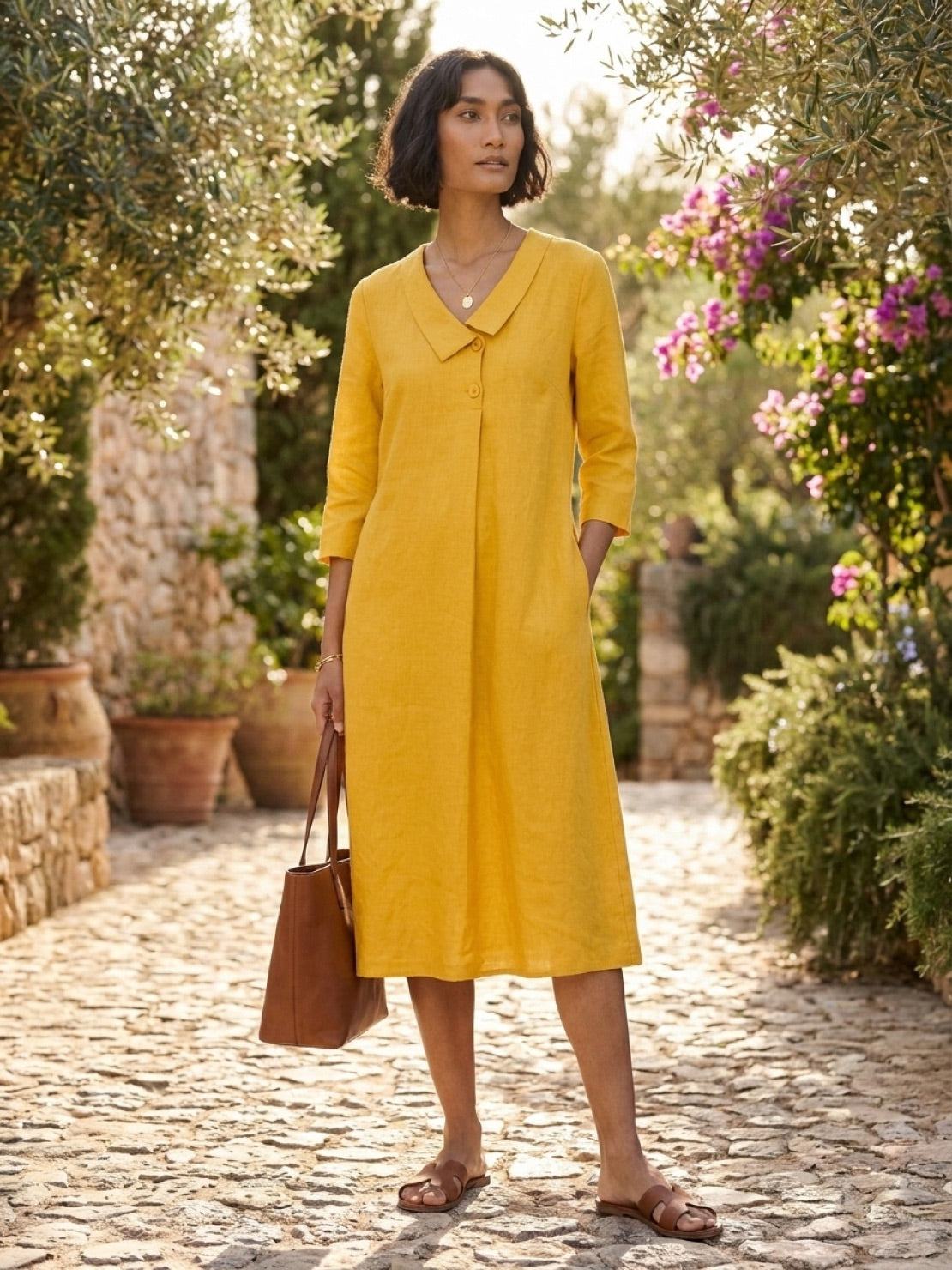 linen-look midi dress with relaxed A-line silhouette and side pockets in blue