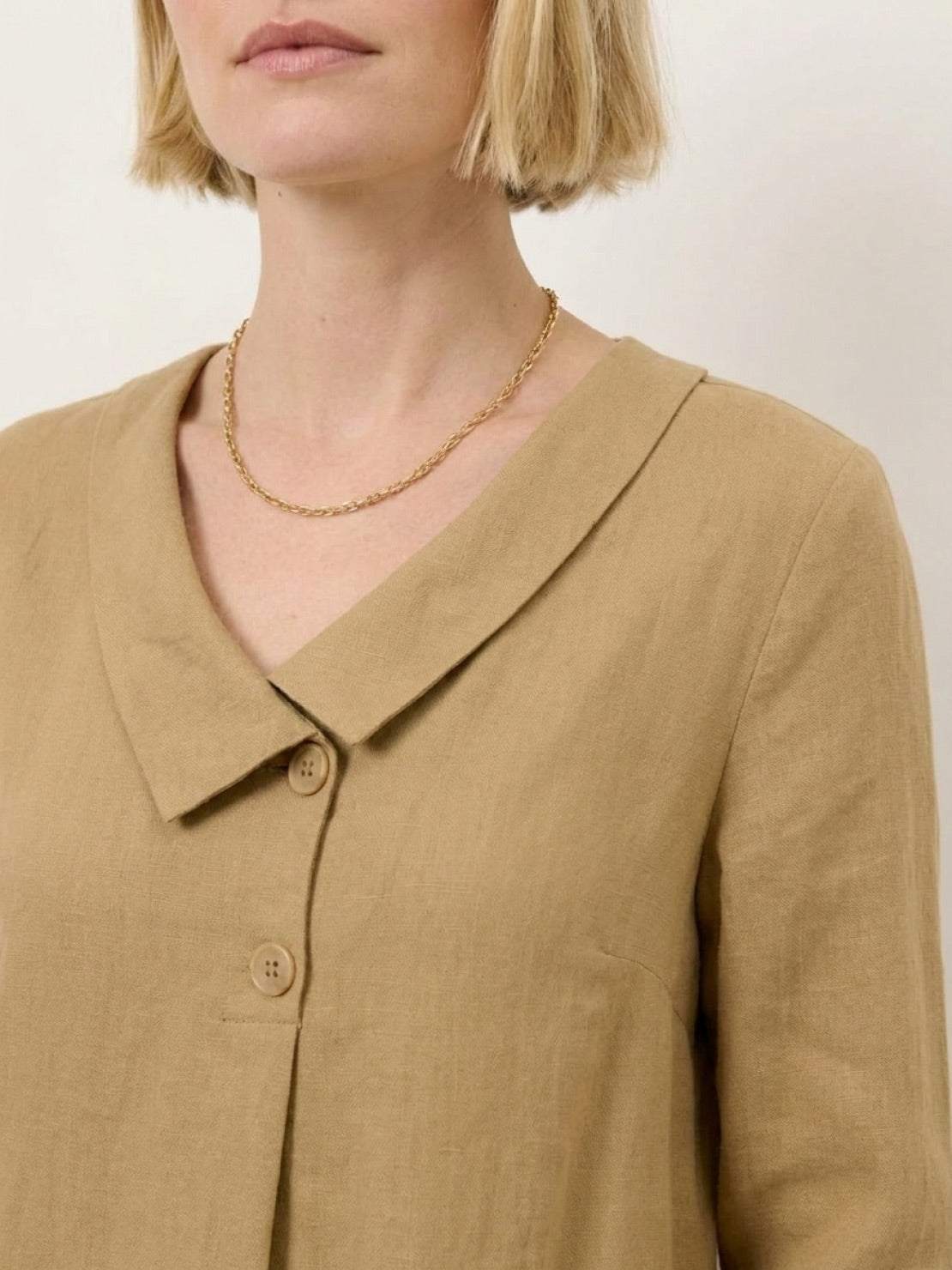 linen-look midi dress with relaxed A-line silhouette, V-neckline, button detail, 3/4 sleeves, and side pockets