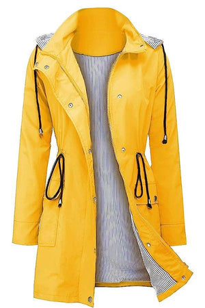 Yellow water resistant hooded striped windbreaker jacket with adjustable waist and multiple pockets for women