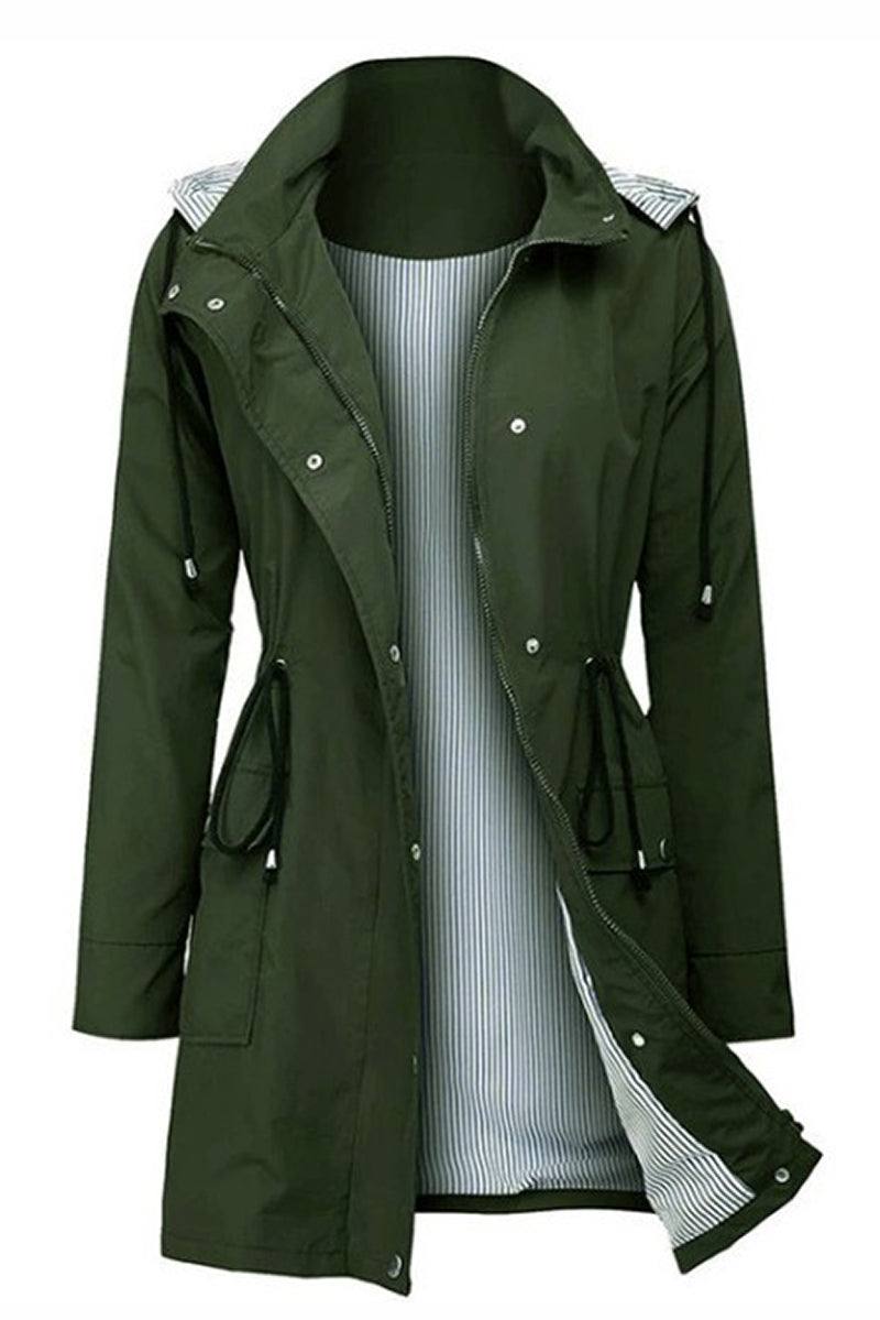 women's green water resistant windbreaker jacket with hood and striped interior lining