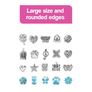 Silver charms with large size and rounded edges for kids bracelet-making kit