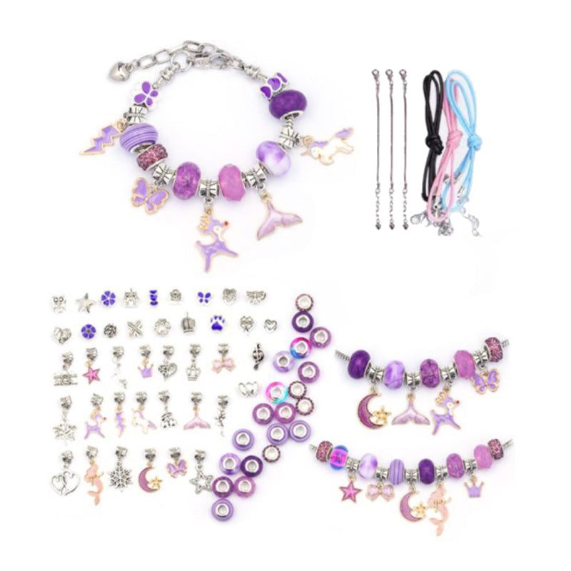 Kids bracelet-making kit with purple beads, silver charms, and adjustable chains for creative jewelry crafting.