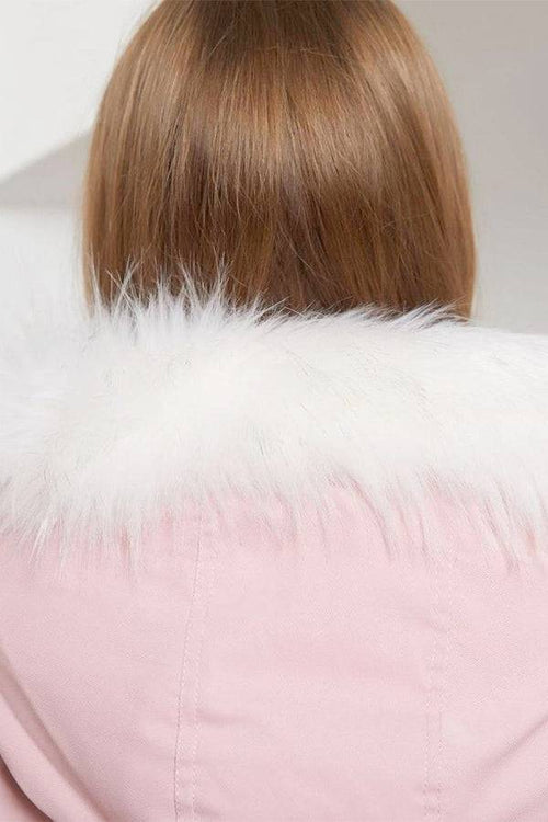 Back view of pink thick long-sleeve zipper overcoat with white fur collar on woman