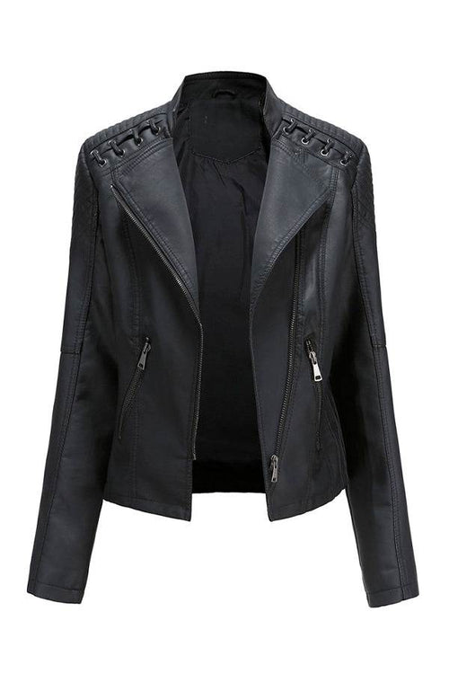Black slim fit leather motorcycle jacket with side zipper and textured details