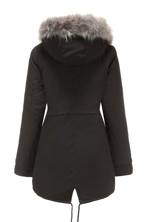 Women's black Fur Collar Fleece Coat with hood and adjustable hem, back view