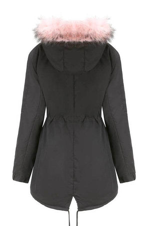 Black Fur Collar Fleece Coat with pink hood trim, mid-length, adjustable fit, warm polyester fleece interior