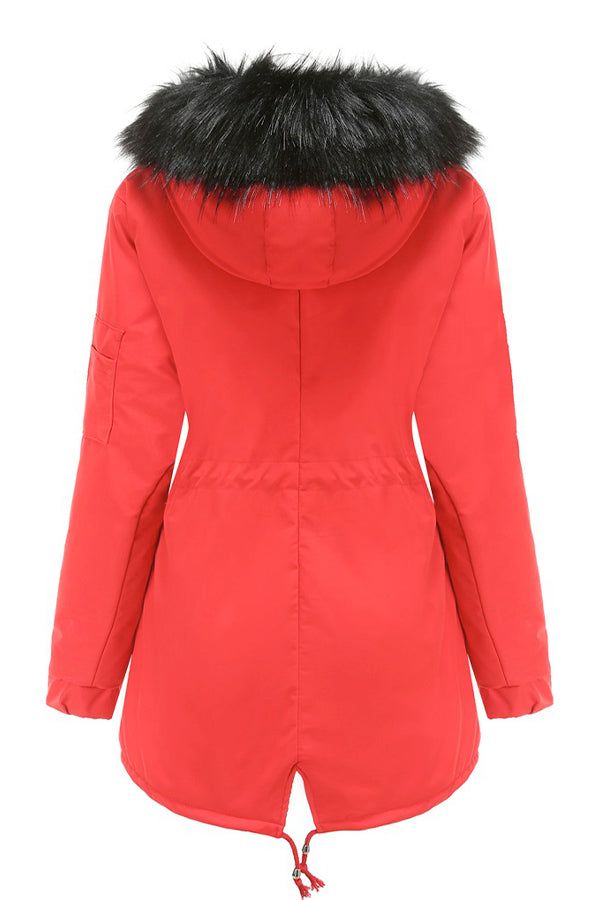 Red fur collar fleece coat with hood and adjustable hem back view