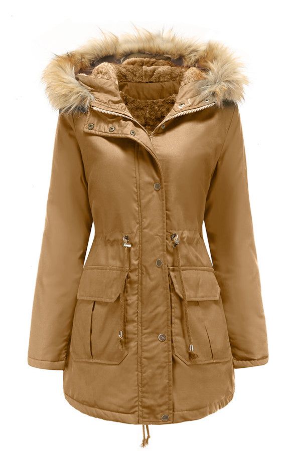 Large hooded velvet coat in brown with fur-trimmed hood and front pockets