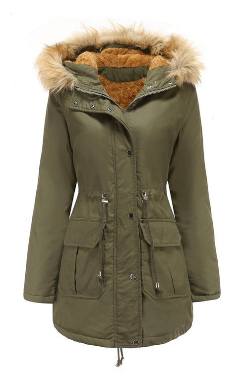 Large hooded velvet coat in olive green with faux fur trim and multiple pockets