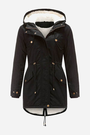 Black extra comfortable cotton parka coat with fluffy lined hood and metal zipper