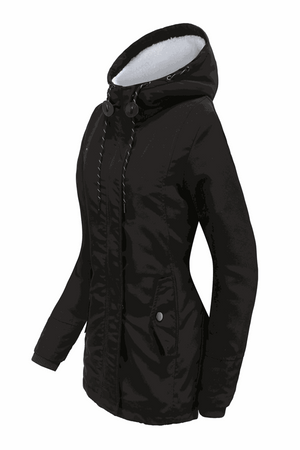 Black casual hooded velvet coat with adjustable hood, water-resistant surface, elastic rib cuffs, and multiple pockets for outdoor comfort and style