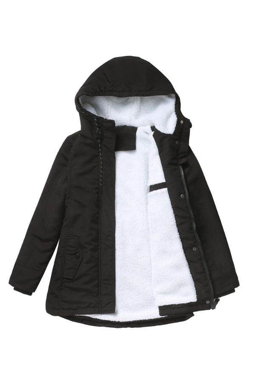 Black casual hooded velvet coat with white fleece lining and front pockets