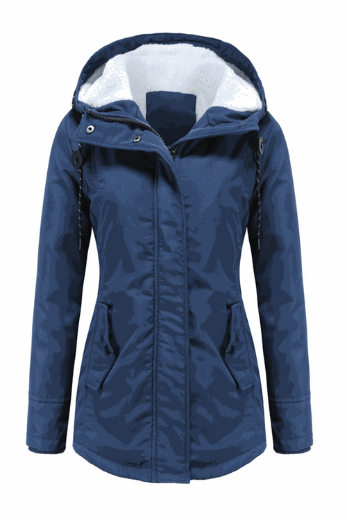 Women's navy casual hooded velvet coat with windproof hood, water-resistant surface, and hidden pockets