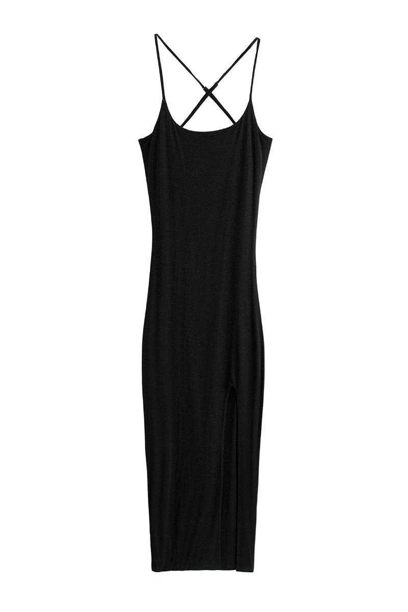 Black elegant side slit midi dress with thin crossed straps and flattering silhouette