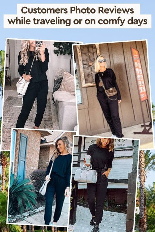 Women wearing Cozy Chic Two-Piece Sweatsuit set in black, styled for travel and casual comfort