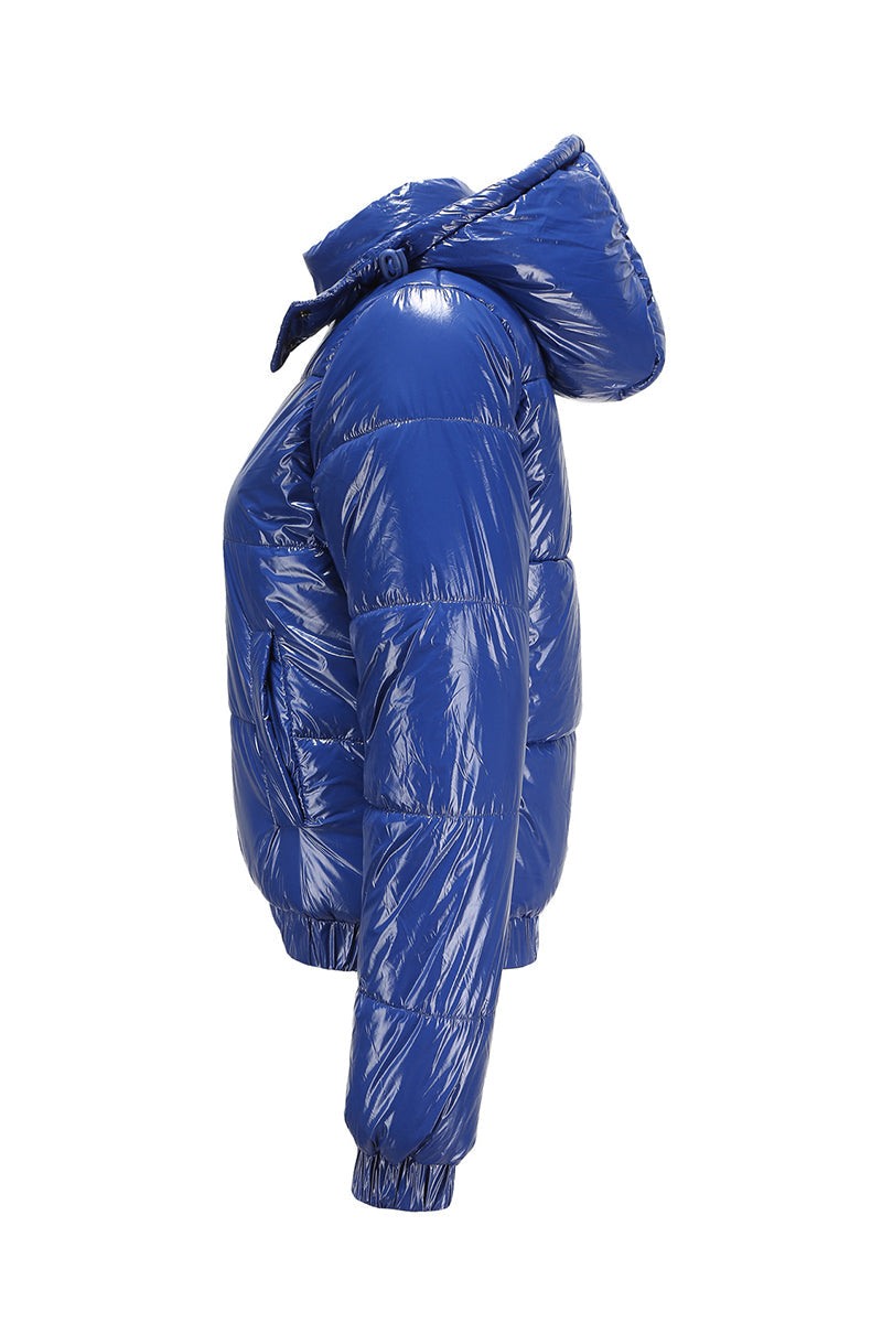 Blue reflective anti-splash puffer jacket with hood and slim fit design