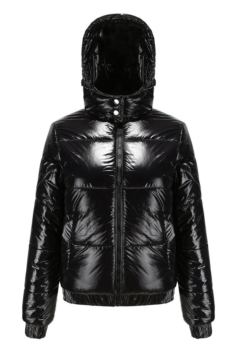 Black reflective anti-splash puffer jacket with undetachable hood and slim fit design
