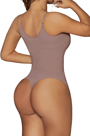 TummyToning Bodysuit seamless back view in mauve with adjustable straps enhancing curves and tummy control.