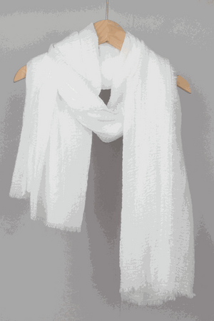 White linen Color-POP scarf hanging on wooden hanger, lightweight and warm eco-friendly fabric