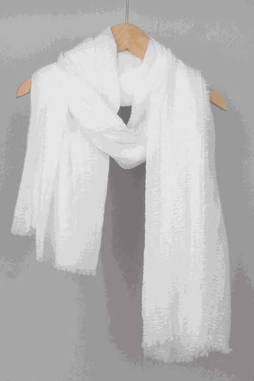 White linen Color-POP scarf hanging on wooden hanger, lightweight and warm eco-friendly fabric