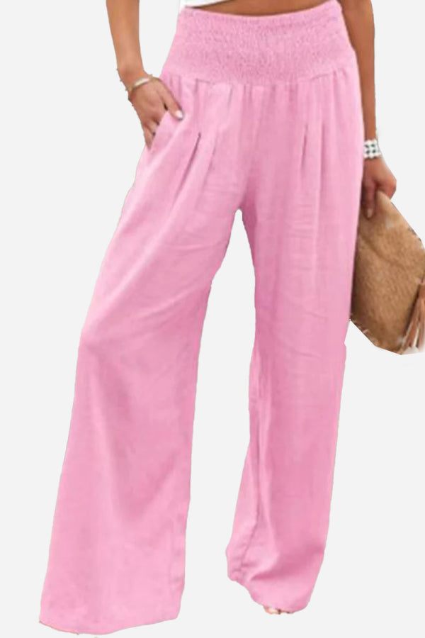 Pink high-waist cotton linen palazzo pants with wide legs and pockets for women