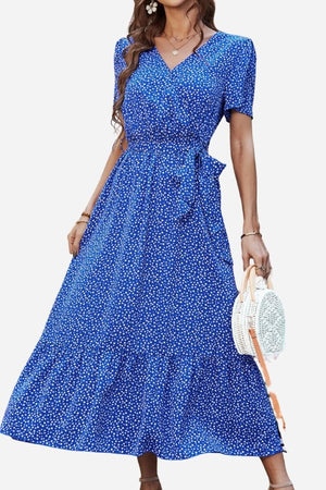 Blue Charming Floral Boho Maxi Dress with wrap V-neck, belted waist, ruffle hem, and short sleeves in chiffon polyester fabric