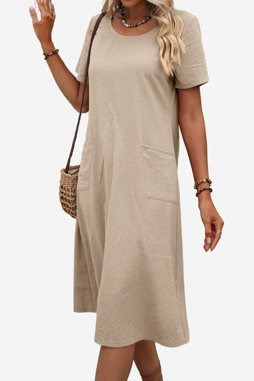 Radiant Escape Panelled Beach Dress beige midi polyester A-line silhouette with round neckline and short sleeves.