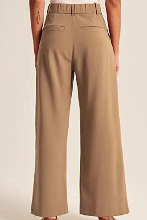 Back view of Classically Vogue Business Trousers in beige with high-waist elastic and tailored slim fit design