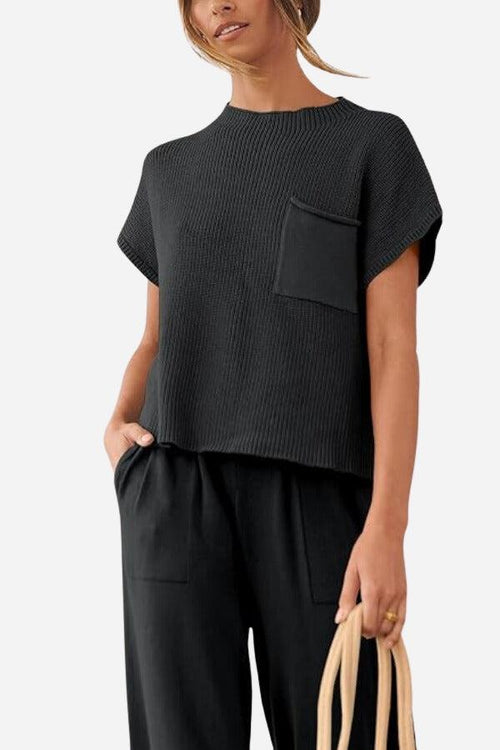 Comfy Couture Knit Sweater two-piece set with knit pullover and high-waisted pants in black, cozy and stylish outfit for casual and workwear.