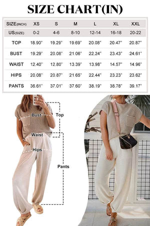 Comfy Couture Knit Sweater two-piece set with knit pullover and high-waisted pants in neutral tones with size chart and styling examples.