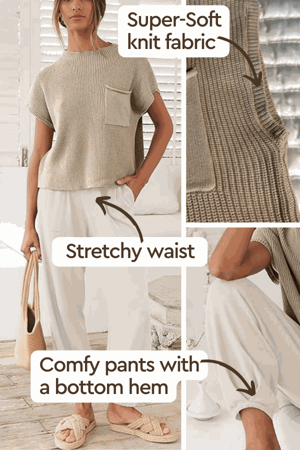 Comfy Couture Knit Sweater two-piece set with super-soft knit fabric, stretchy waist, and comfy pants with bottom hem