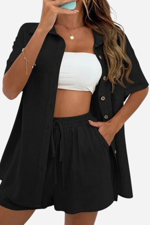 Sunny Day Vibrance black two-piece summer shorts and shirt set with button front and drawstring waist